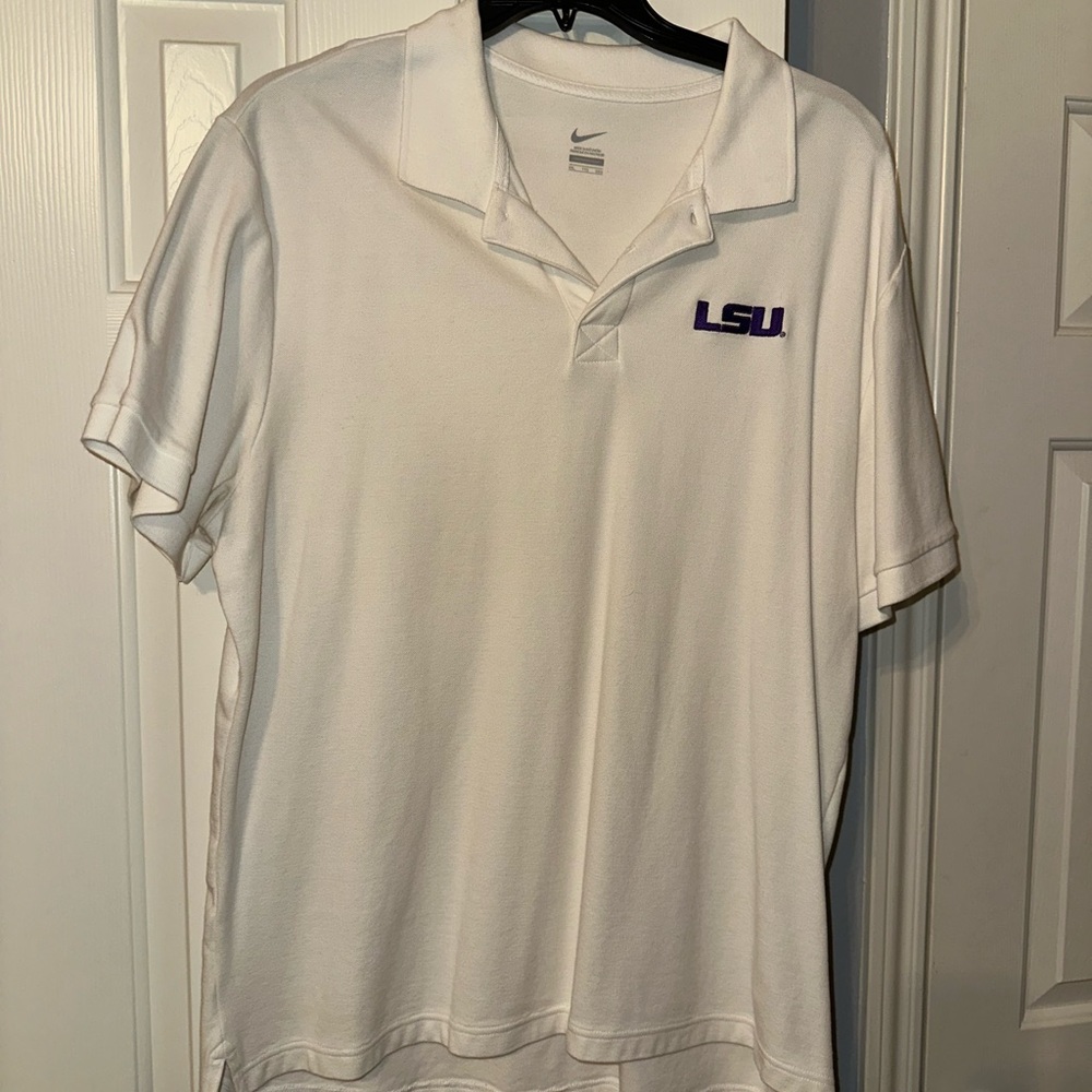 LSU Nike Men's White Polo with Purple Nike Logo on arm